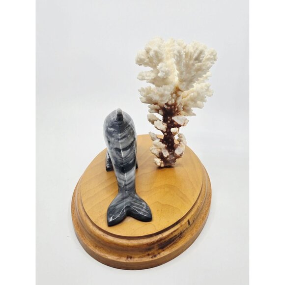 Black & White Marble Dolphin Figurine With Natural Coral Display On Wooden Base - Picture 3 of 11